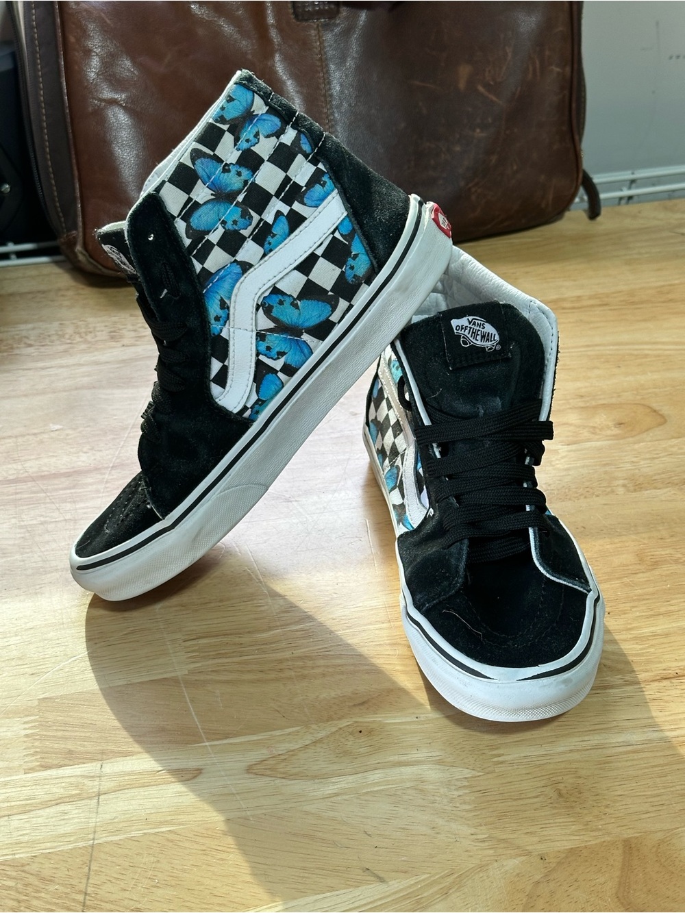 Vans Black High-Top Sneakers with Blue Butterfly Checkerboard